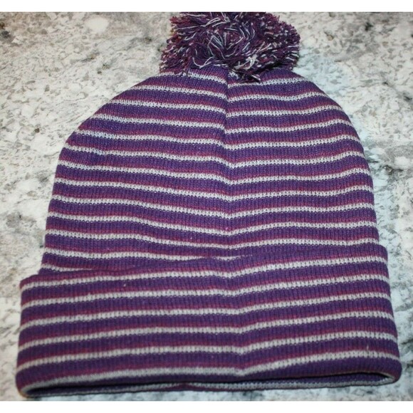 KID'S STRIPE KNIT WINTER POM POM HAT PURPLE/ WINE STRIPPED WARM NEW BOY'S GIRL'S - Picture 2 of 2